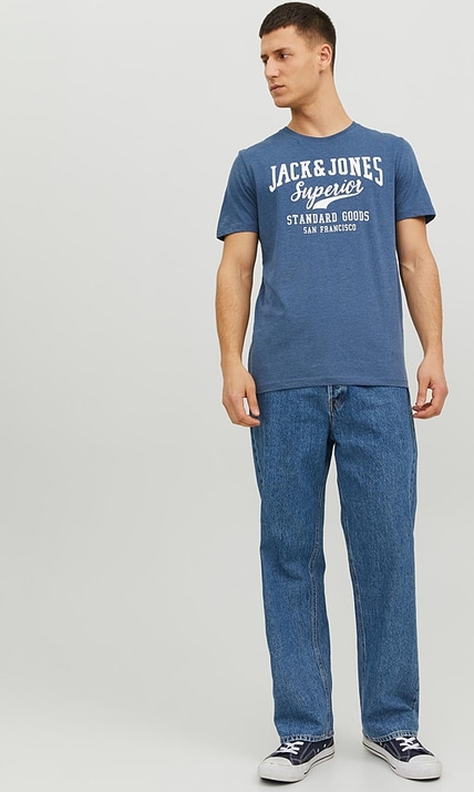 Niebieski t-shirt Jack & Jones z krótkim rękawem z bawełny w młodzieżowym stylu