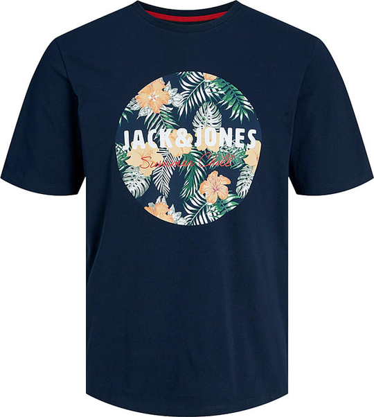 Niebieski t-shirt Jack & Jones z nadrukiem w młodzieżowym stylu