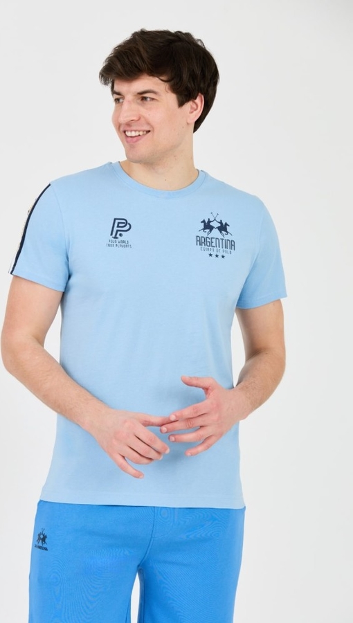 Niebieski t-shirt La Martina z dżerseju z krótkim rękawem w stylu casual