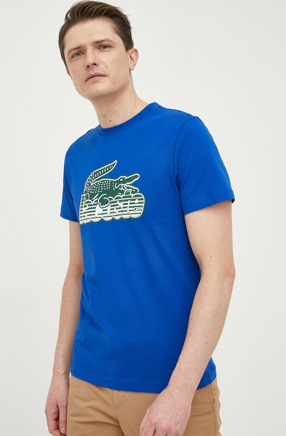 Niebieski t-shirt Lacoste z bawełny w młodzieżowym stylu z krótkim rękawem