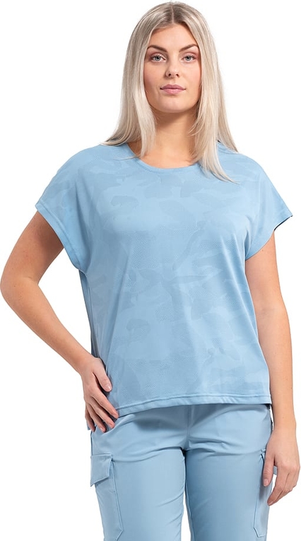 Niebieski t-shirt Luhta z krótkim rękawem w stylu casual z okrągłym dekoltem