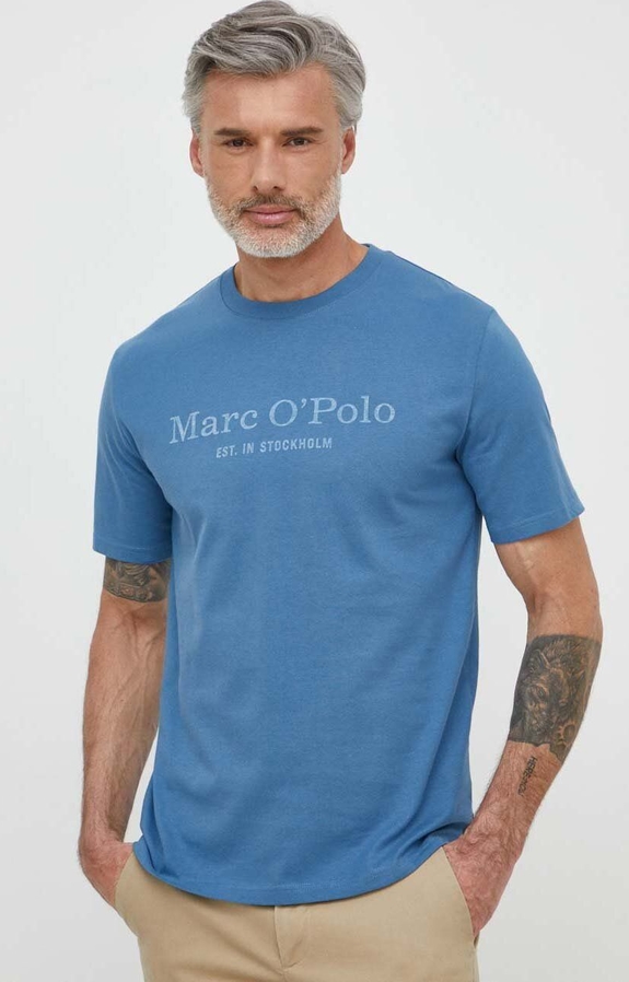 Niebieski t-shirt Marc O'Polo z nadrukiem w młodzieżowym stylu