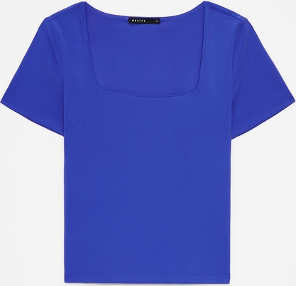 Niebieski t-shirt Mohito w stylu casual z krótkim rękawem z dekoltem w karo