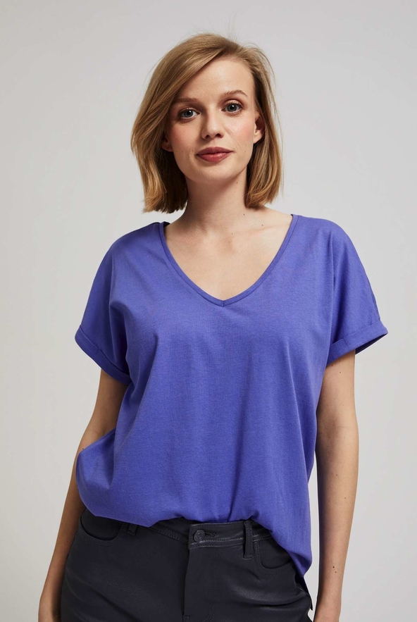 Niebieski t-shirt Moodo.pl z dekoltem w kształcie litery v z bawełny w stylu casual