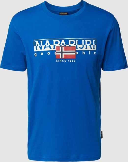 Niebieski t-shirt Napapijri w młodzieżowym stylu z krótkim rękawem z nadrukiem