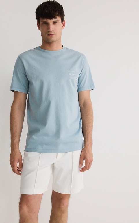 Niebieski t-shirt Reserved z bawełny z krótkim rękawem z nadrukiem