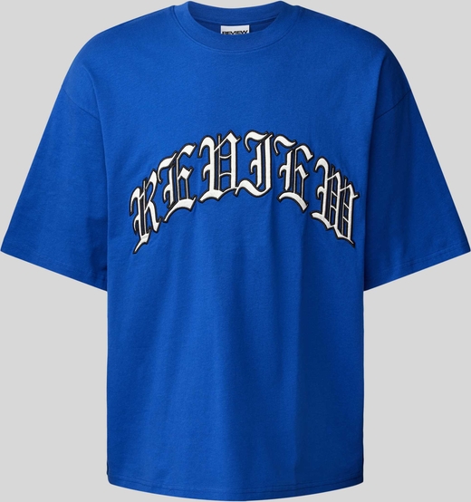 Niebieski t-shirt Review w młodzieżowym stylu z bawełny