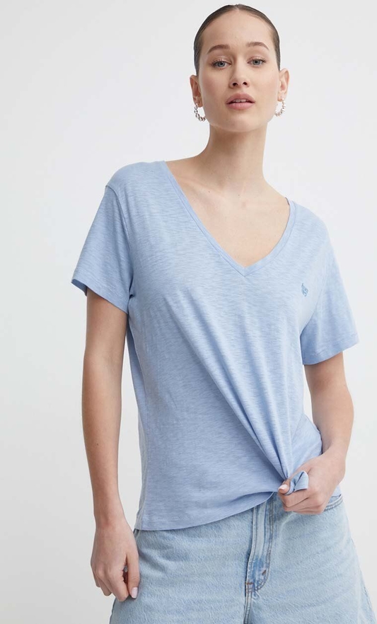 Niebieski t-shirt Superdry w stylu casual z dekoltem w kształcie litery v