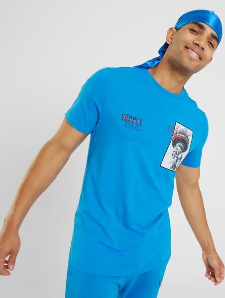 Niebieski t-shirt Supply & Demand z krótkim rękawem z nadrukiem