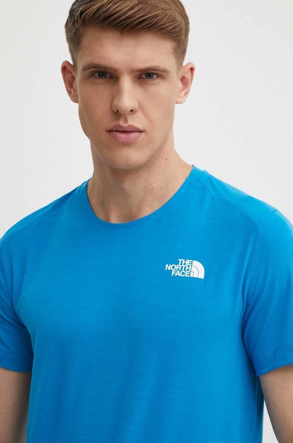 Niebieski t-shirt The North Face w sportowym stylu z krótkim rękawem