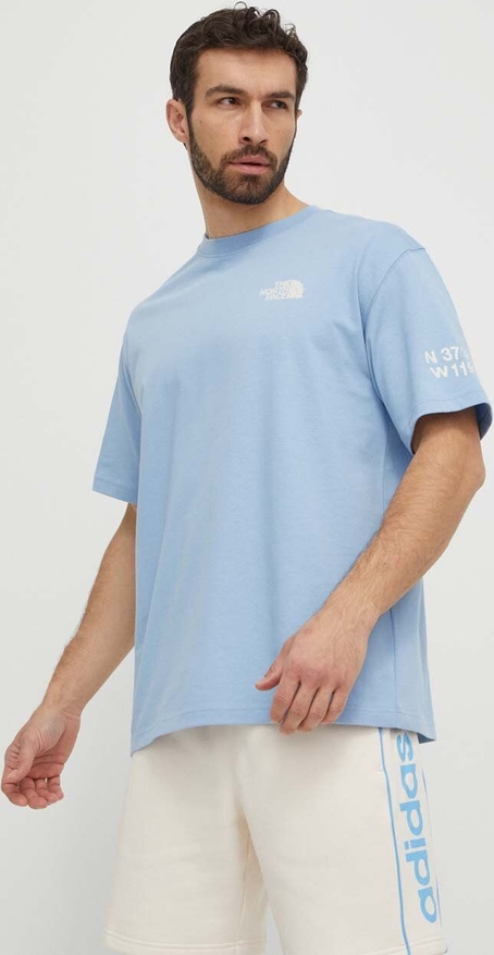 Niebieski t-shirt The North Face w sportowym stylu z nadrukiem