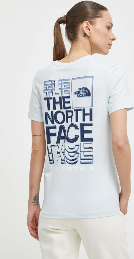 Niebieski t-shirt The North Face w sportowym stylu z okrągłym dekoltem z krótkim rękawem