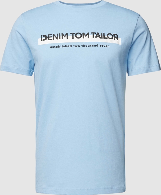 Niebieski t-shirt Tom Tailor Denim z krótkim rękawem z nadrukiem w młodzieżowym stylu