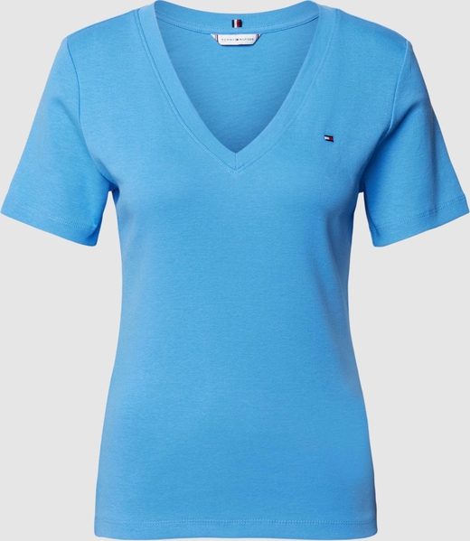 Niebieski t-shirt Tommy Hilfiger z bawełny w stylu casual z dekoltem w kształcie litery v