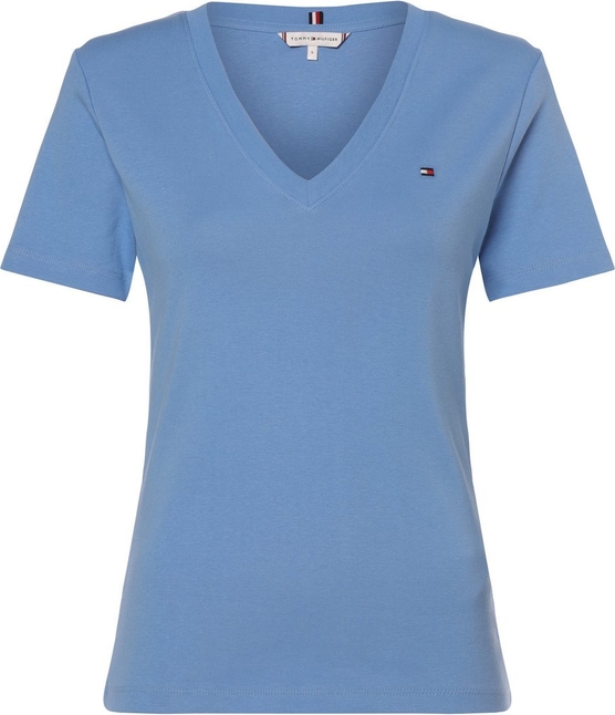 Niebieski t-shirt Tommy Hilfiger z dekoltem w kształcie litery v z bawełny w stylu casual