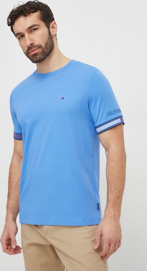 Niebieski t-shirt Tommy Hilfiger z krótkim rękawem z nadrukiem w stylu casual
