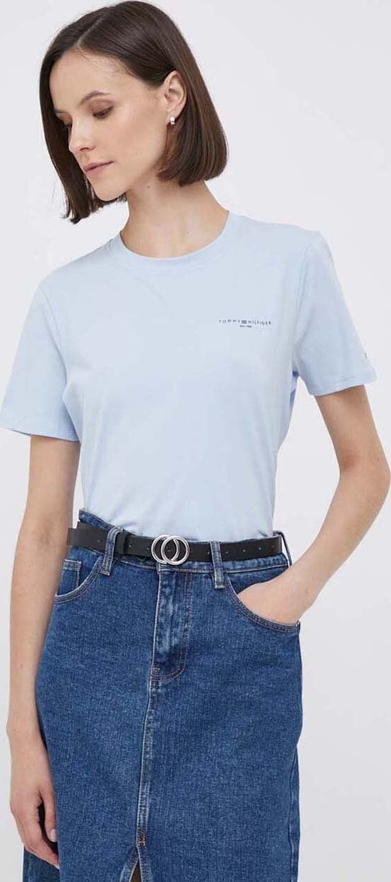 Niebieski t-shirt Tommy Hilfiger z okrągłym dekoltem z bawełny z krótkim rękawem