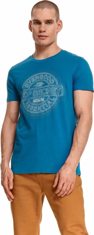 Niebieski t-shirt Top Secret z nadrukiem z krótkim rękawem w stylu klasycznym