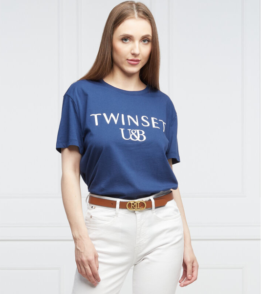 Niebieski t-shirt Twinset z krótkim rękawem z okrągłym dekoltem w młodzieżowym stylu