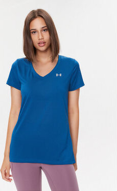 Niebieski t-shirt Under Armour z krótkim rękawem w sportowym stylu z dekoltem w kształcie litery v