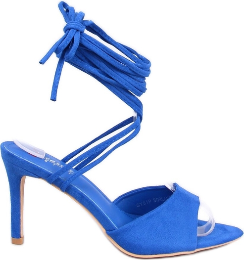 Niebieskie sandały ButyModne z klamrami z zamszu na szpilce