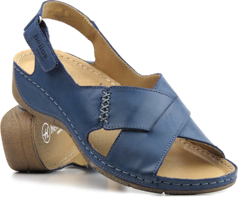 Niebieskie sandały Helios Komfort z klamrami na koturnie ze skóry