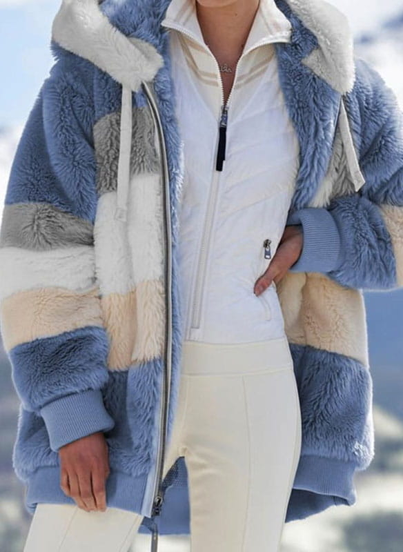 Pluszowy płaszcz z kapturem colorblock długim rękawem kurtka niebieski Cikelly (S)