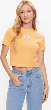 Pomarańczowa bluzka Calvin Klein z krótkim rękawem z okrągłym dekoltem