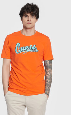 Pomarańczowa bluzka Guess w młodzieżowym stylu z krótkim rękawem z okrągłym dekoltem