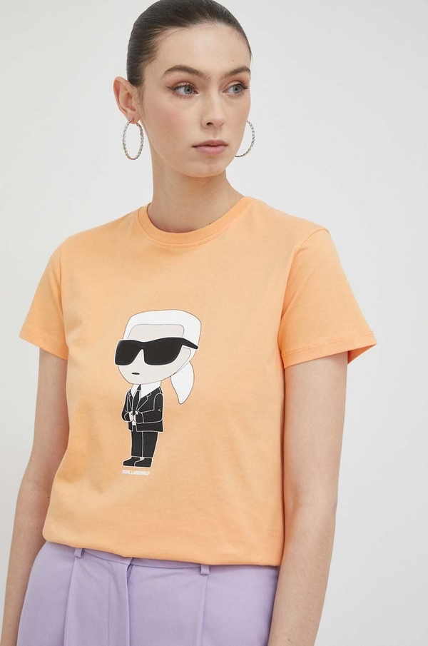 Pomarańczowa bluzka Karl Lagerfeld z krótkim rękawem w młodzieżowym stylu z okrągłym dekoltem