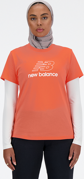 Pomarańczowa bluzka New Balance z bawełny z krótkim rękawem z okrągłym dekoltem