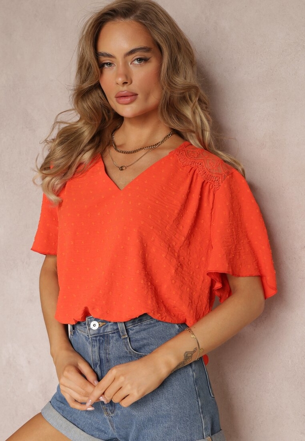 Pomarańczowa bluzka Renee z krótkim rękawem z dekoltem w kształcie litery v