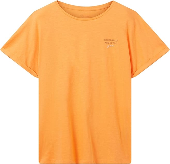 Pomarańczowa bluzka Tom Tailor z krótkim rękawem z bawełny z okrągłym dekoltem