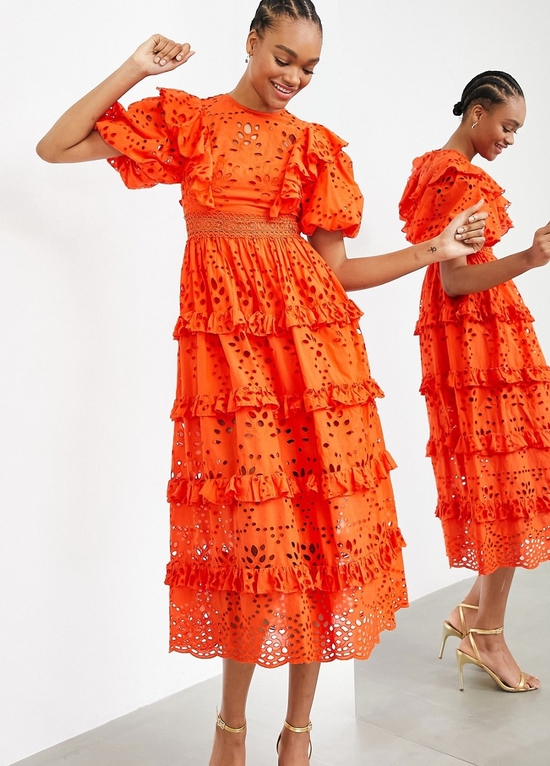 Pomarańczowa sukienka Asos midi w stylu casual z długim rękawem