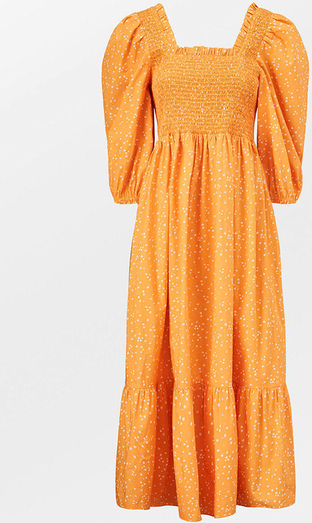 Pomarańczowa sukienka Becksöndergaard z długim rękawem z bawełny z dekoltem w karo