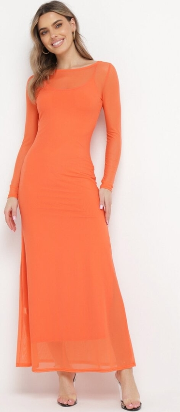 Pomarańczowa sukienka born2be maxi w stylu casual z długim rękawem