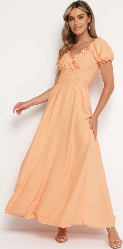 Pomarańczowa sukienka born2be maxi z dekoltem w kształcie litery v