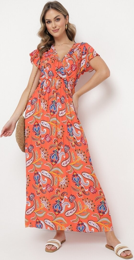 Pomarańczowa sukienka born2be maxi z dekoltem w kształcie litery v w stylu boho