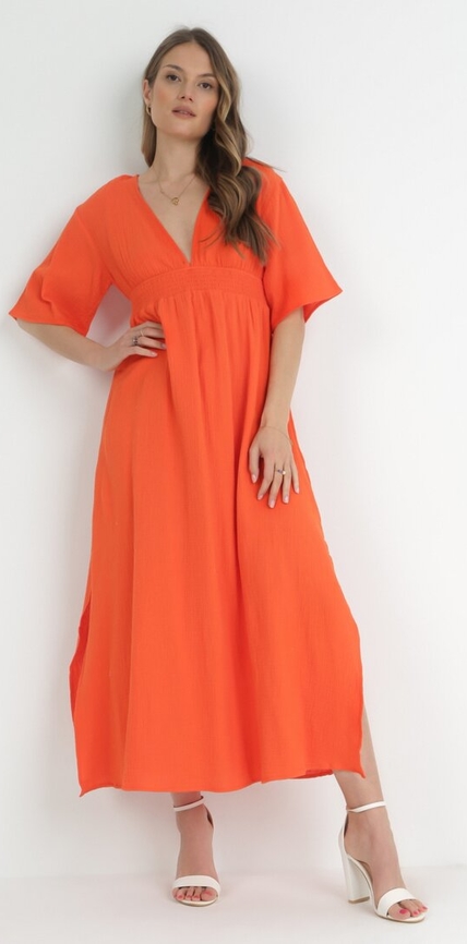Pomarańczowa sukienka born2be maxi z dekoltem w kształcie litery v z krótkim rękawem