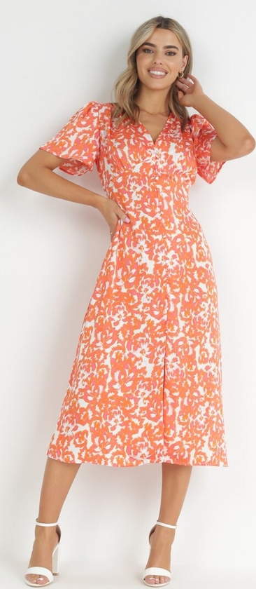 Pomarańczowa sukienka born2be trapezowa z dekoltem w kształcie litery v z krótkim rękawem