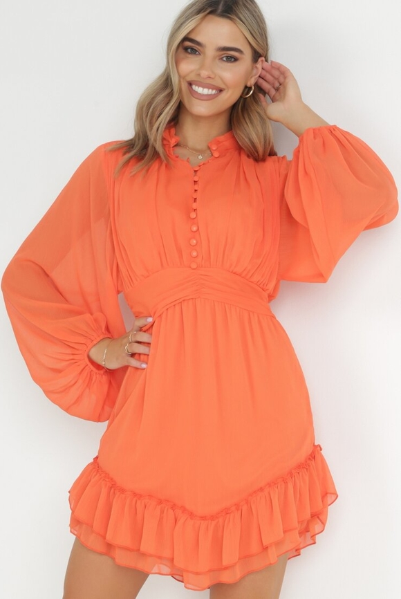 Pomarańczowa sukienka born2be w stylu casual z długim rękawem mini