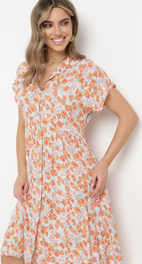 Pomarańczowa sukienka born2be z dekoltem w kształcie litery v koszulowa z krótkim rękawem