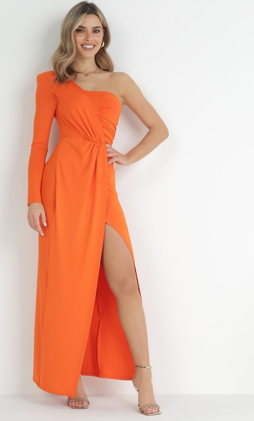 Pomarańczowa sukienka born2be z dekoltem w kształcie litery v maxi kopertowa
