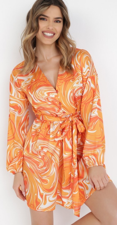 Pomarańczowa sukienka born2be z dekoltem w kształcie litery v mini w stylu casual