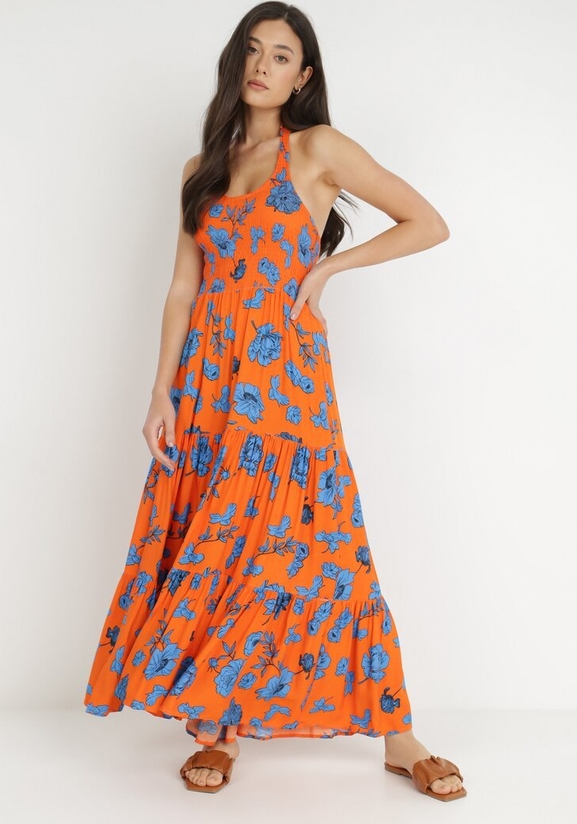 Pomarańczowa sukienka born2be z dekoltem w kształcie litery v z tkaniny bez rękawów