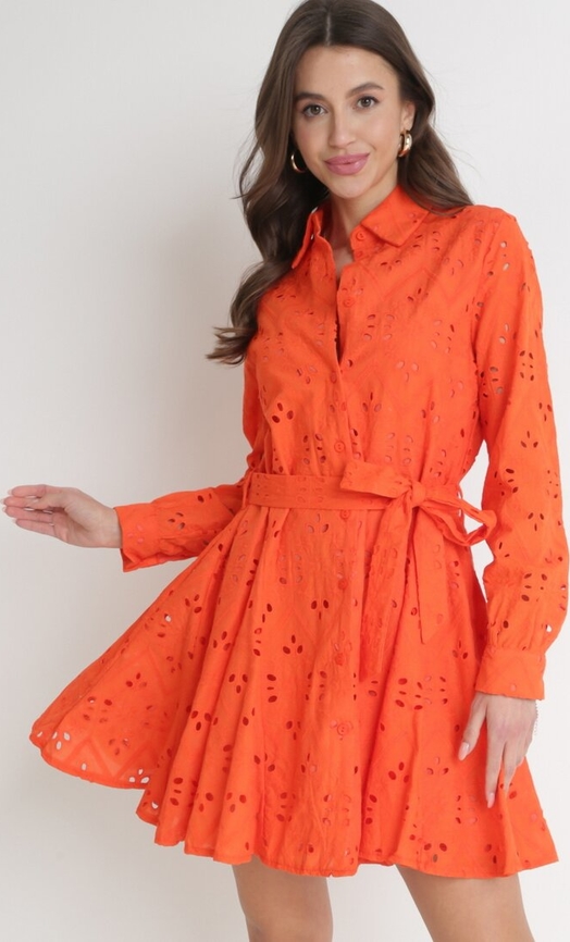 Pomarańczowa sukienka born2be z kołnierzykiem mini w stylu boho