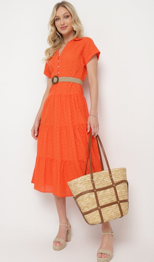 Pomarańczowa sukienka born2be z krótkim rękawem w stylu klasycznym