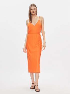 Pomarańczowa sukienka Calvin Klein z dekoltem w kształcie litery v dopasowana midi