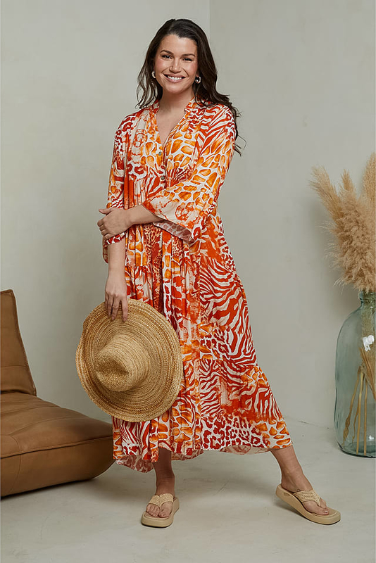 Pomarańczowa sukienka Curvy Lady z bawełny z długim rękawem z dekoltem w kształcie litery v