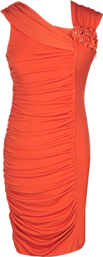 Pomarańczowa sukienka Fokus z asymetrycznym dekoltem w stylu etno dopasowana